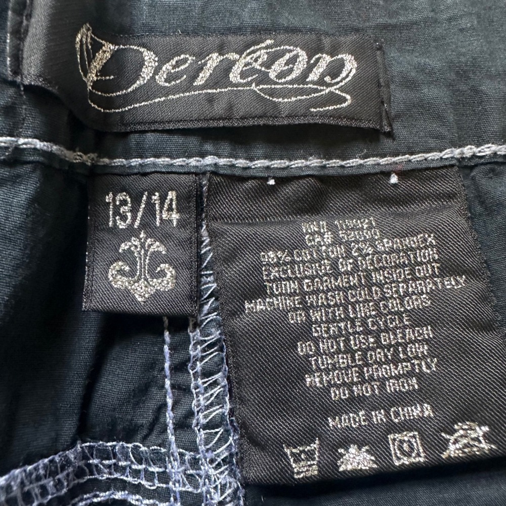 Dereon Womens Black CargoPants White Contrast Stitch Rhinestone FleurDeLis 13/14 - Picture 4 of 6